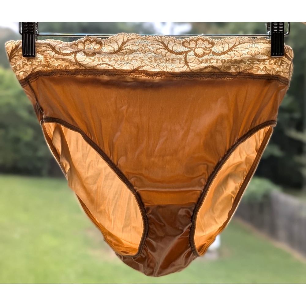 VS LACE LOGO!💋Victorias Secret Gold Tag 90s XL Nylon Satin High-Cut Panties USA